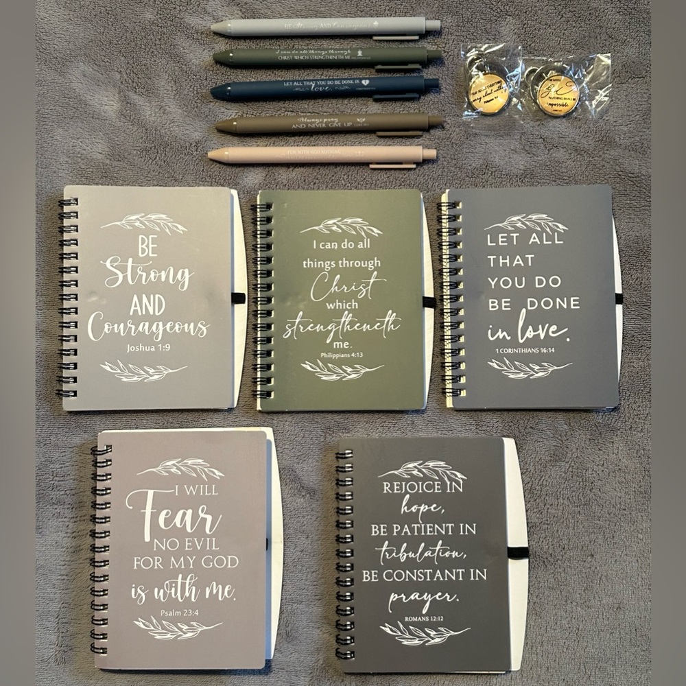 12 Piece Christian Notepads Pen (5 Notebooks + 5 Pens + 2 Keychains)/ Brand New